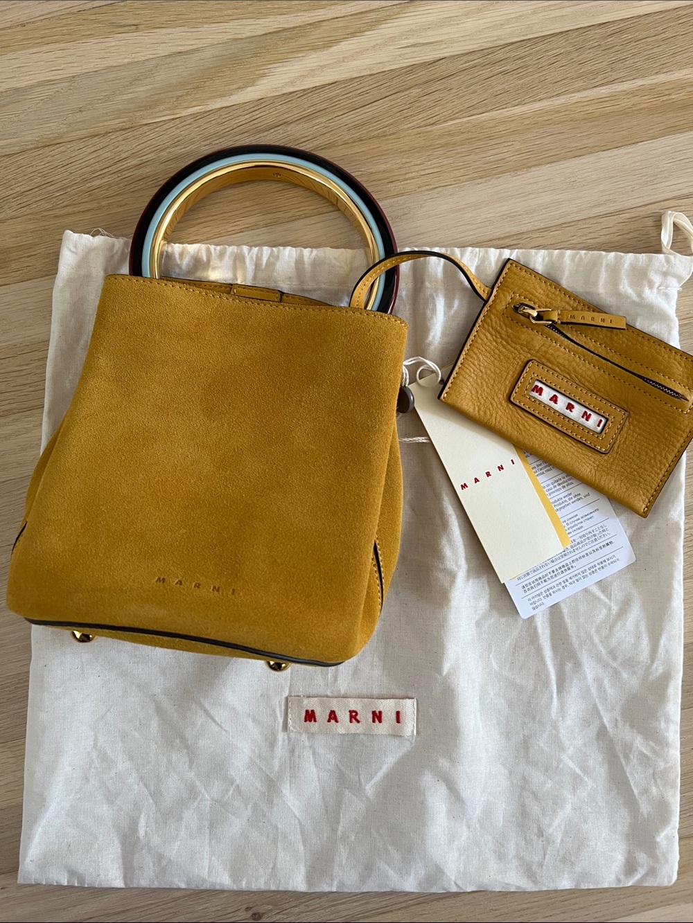 ✨WKD SALE - 20%✨ NWT Marni Pannier Mustard Suede Bucket Crossbody w Card Pouch.